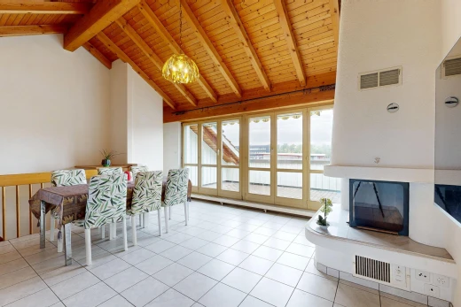 esszimmer mit vaulted ceiling, dachschräge, high ceiling, hohe decke, und high end ceiling