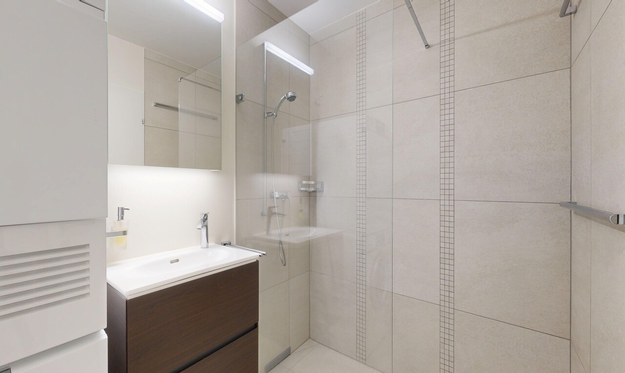 salle de bains avec miroir, lavabo (ou coiffeuse selon le contexte), douche, salle de bain complète, et light floor