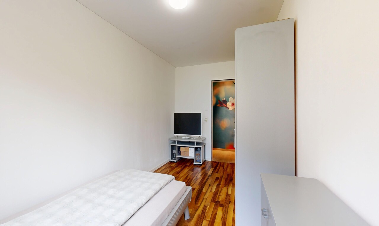 chambre avec drywall, cloison sèche, wood finish floor, sol en finition bois, et télévision