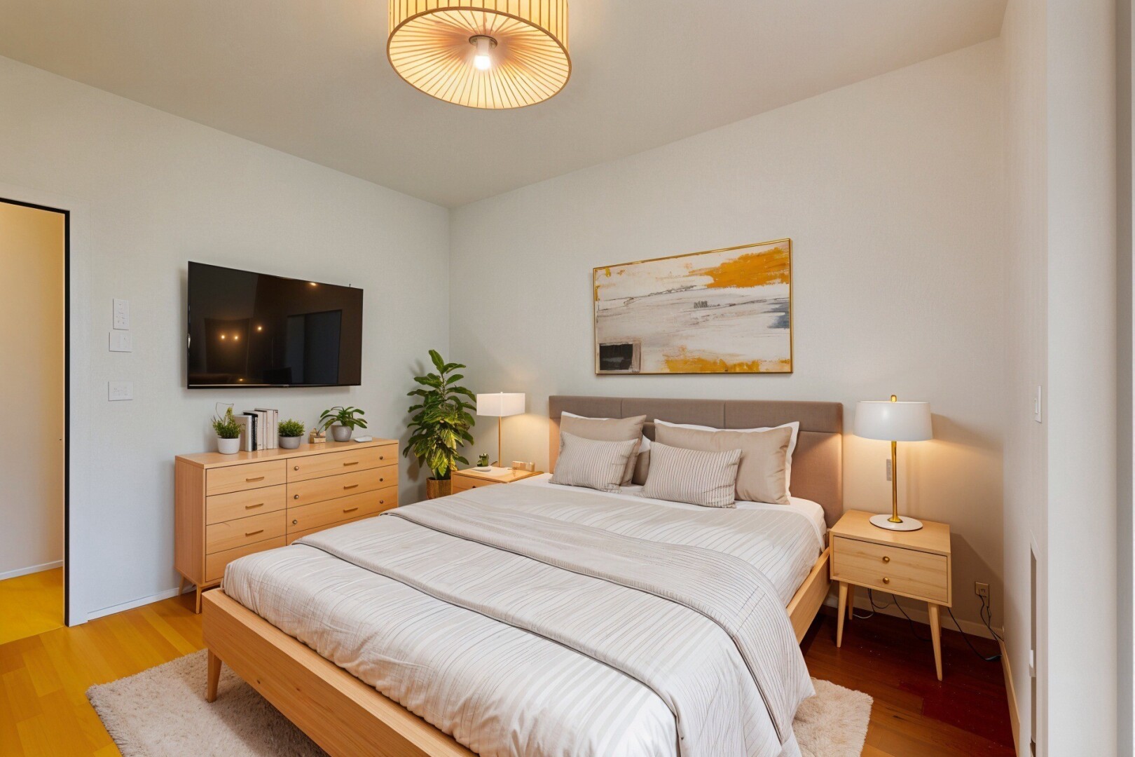 zimmer / schlafzimmer mit fernseher, gipskartonwand, drywall, holzfußboden, und wood finish floor