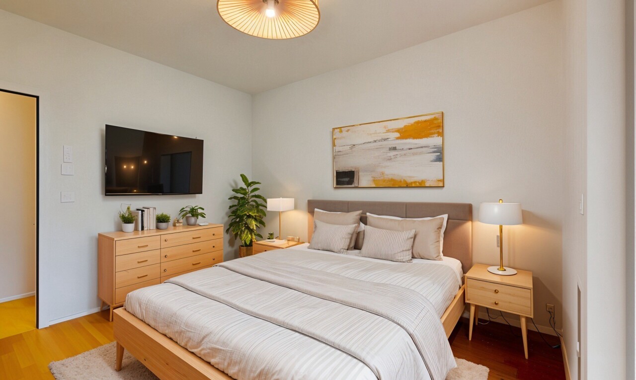 zimmer / schlafzimmer mit fernseher, gipskartonwand, drywall, holzfußboden, und wood finish floor