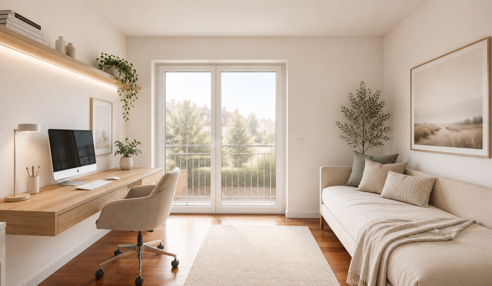 büro mit drywall, gipskartonwand, fernseher, virtually staged, und wood finish floor