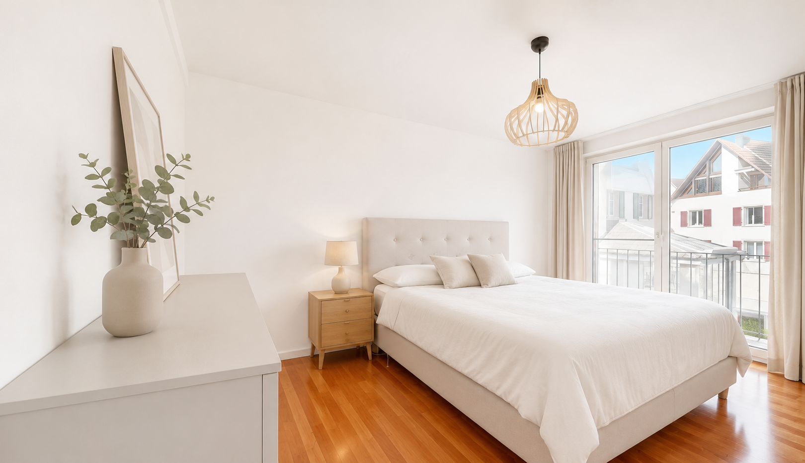 zimmer / schlafzimmer mit pendelleuchte, drywall, gipskartonwand, außenzugang, und inside property