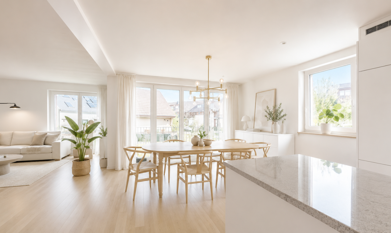 esszimmer mit wood finish floor, holzfußboden, light floor, drywall, und gipskartonwand