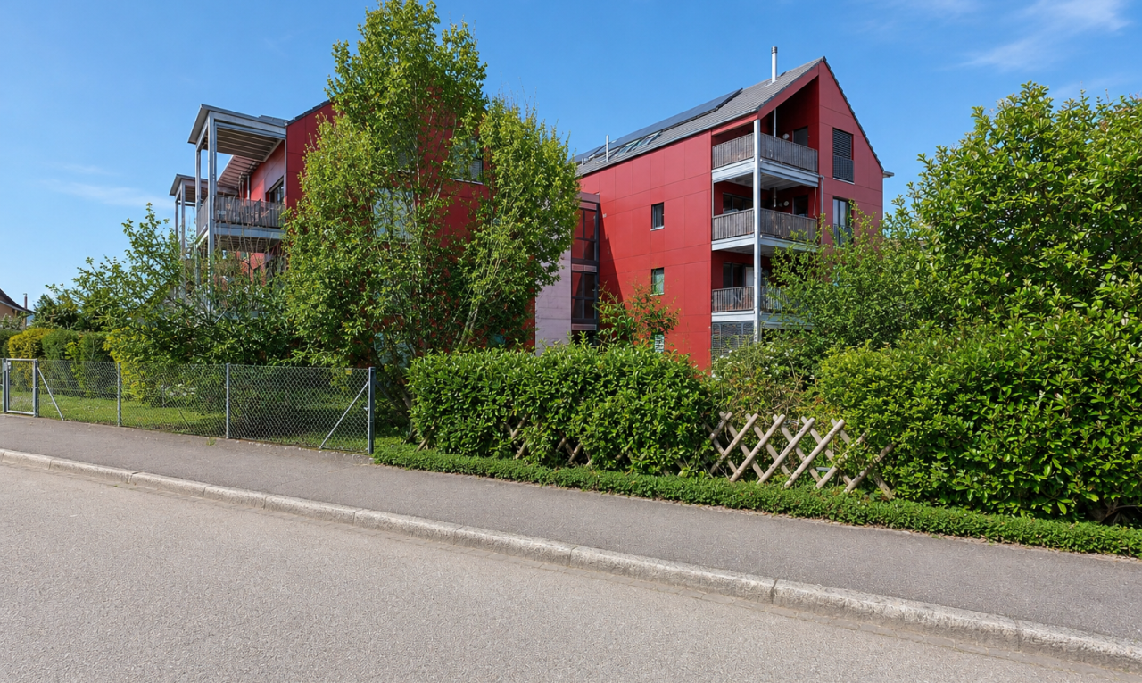 außenansicht mit day time, zaun, blick auf wohnanlage, und apartment complex view