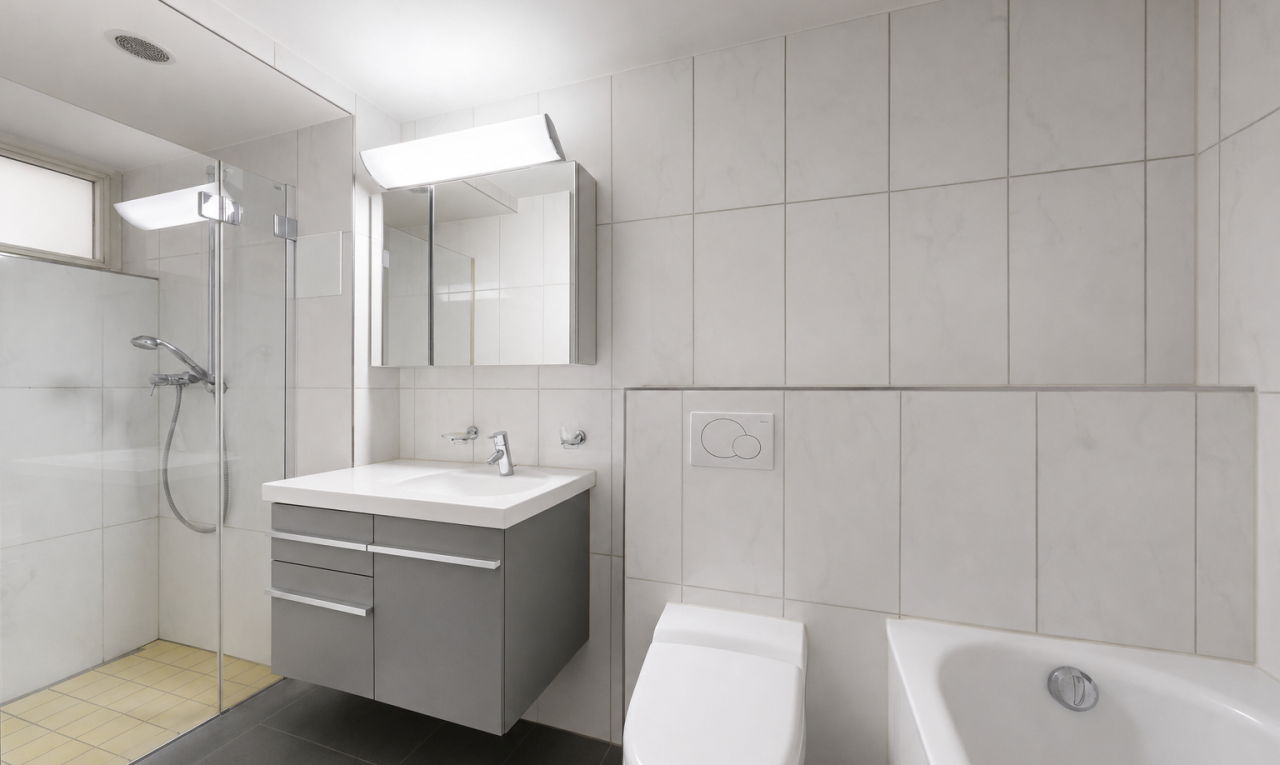 bad mit fliesenwand, tile wall, komplettes badezimmer, dusche, und spiegel