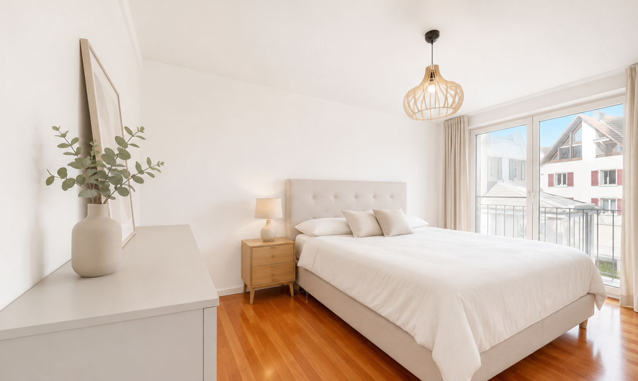 zimmer / schlafzimmer mit pendelleuchte, drywall, gipskartonwand, außenzugang, und inside property
