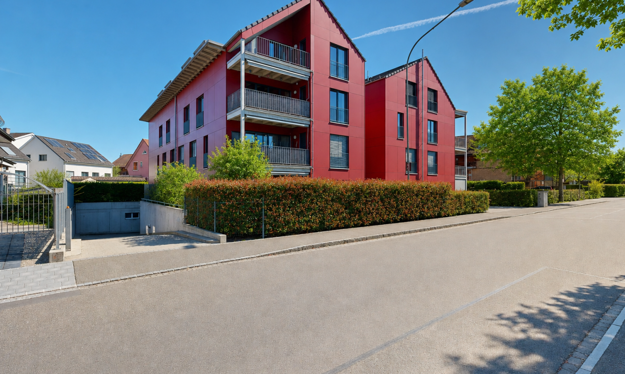 außenansicht mit day time, apartment complex view, und from community