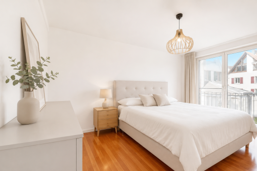 room / bedroom with decorative light fixtures, access to exterior, and light wood-style floors