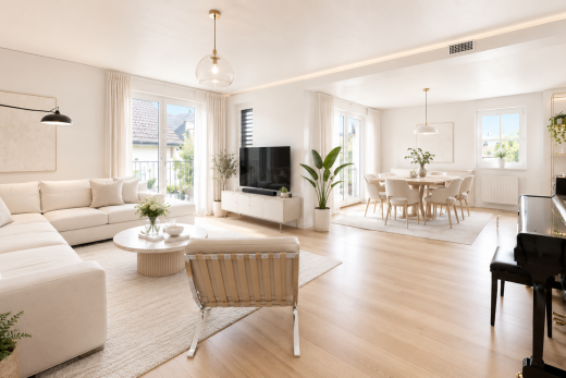 wohn- / esszimmer mit pendelleuchte, fernseher, drywall, gipskartonwand, und wood finish floor