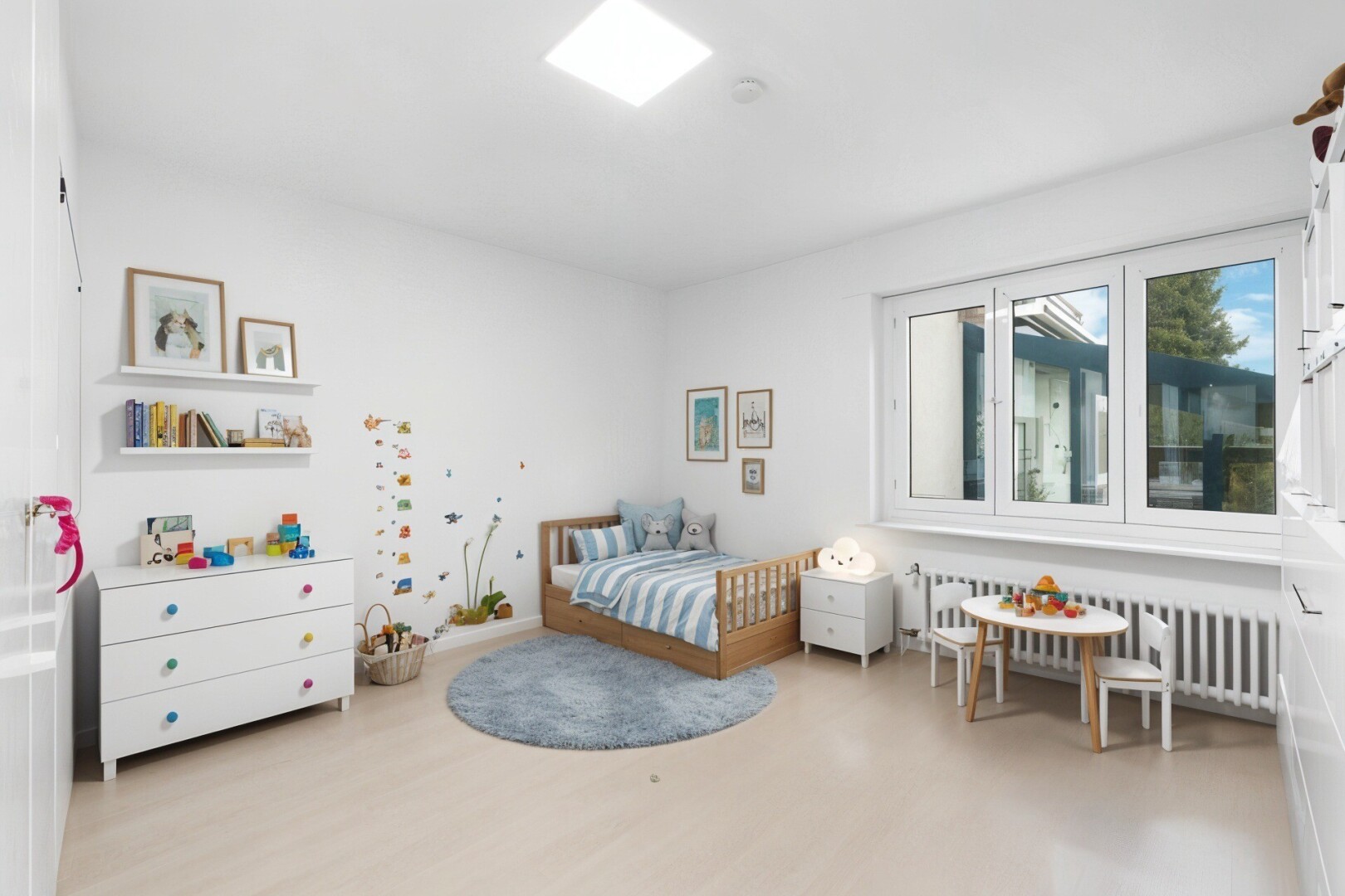 room with radiator heating unit and light wood-style flooring