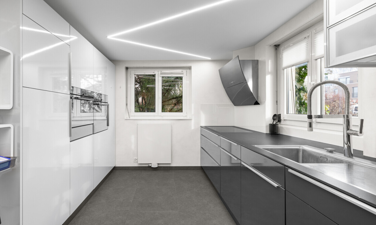 cuisine avec flat panel cabinets, armoires à panneau plat, hotte, four, et lumière naturelle