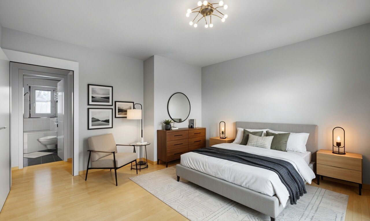 chambre avec sol en finition bois, wood finish floor, inside property, cloison sèche, et drywall