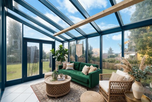 living room with tile patterned flooring, expansive windows, and vaulted ceiling