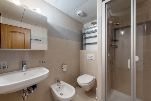 salle de bains avec tile wall, mur en carrelage, douche, salle de bain complète, et miroir