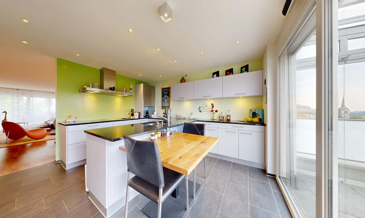 küche mit dunstabzugshaube, dark countertops, arbeitsplatten, white cabinets, und weiße schränke