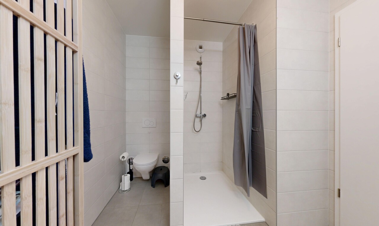 bad mit komplettes badezimmer, dusche, fliesenwand, tile wall, und fliesenboden