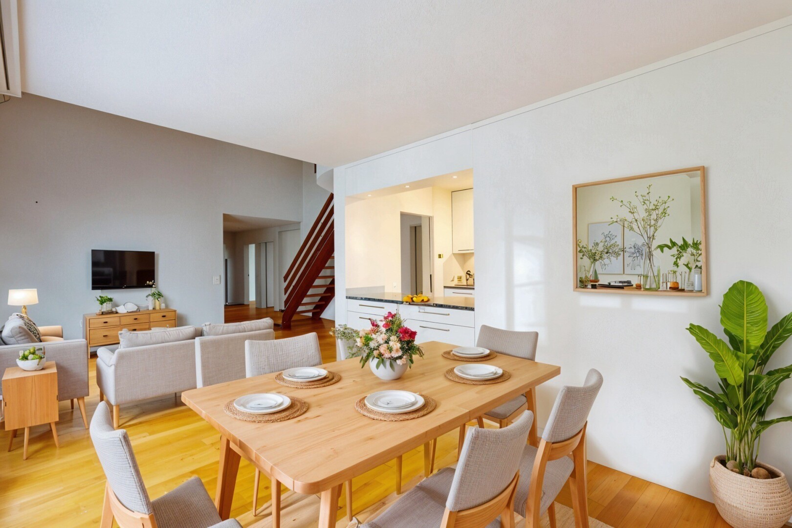 wohn- / esszimmer mit fernseher, treppen, holzfußboden, wood finish floor, und inside property