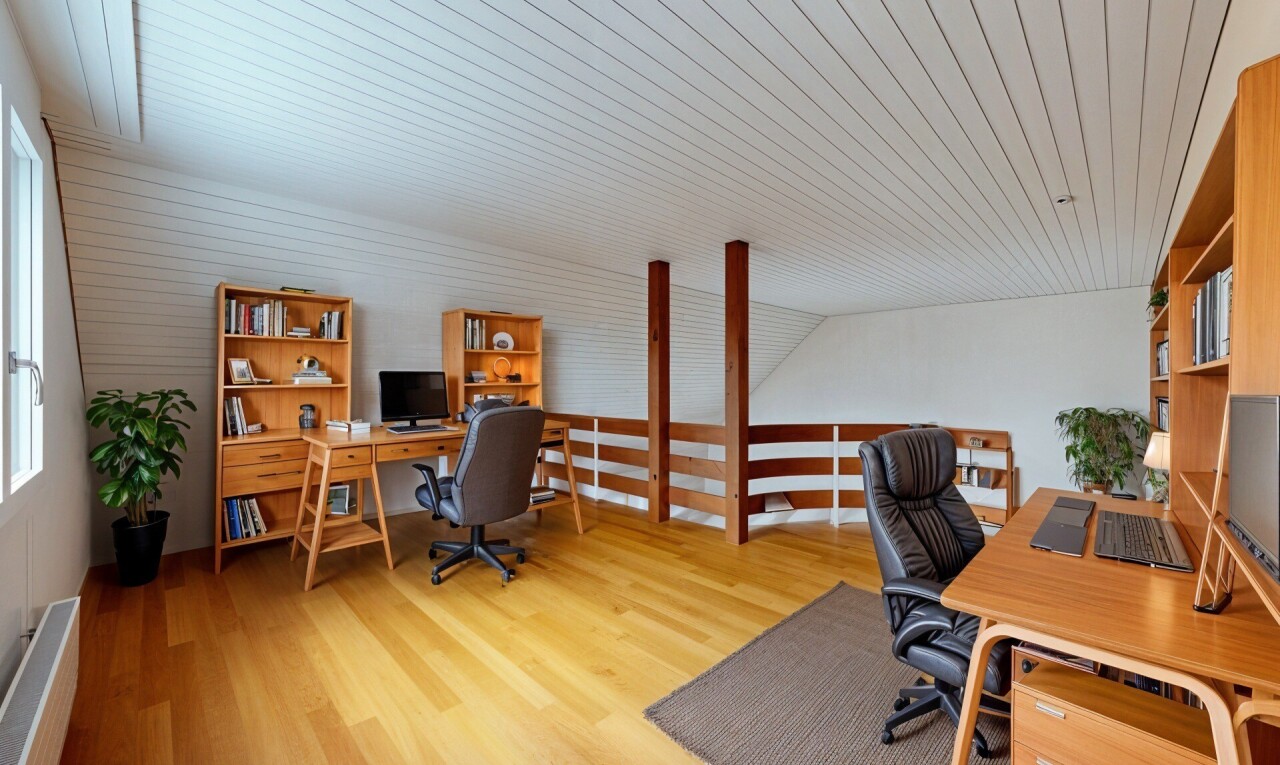 büro mit fernseher, holzfußboden, wood finish floor, bürobereich, und inside property