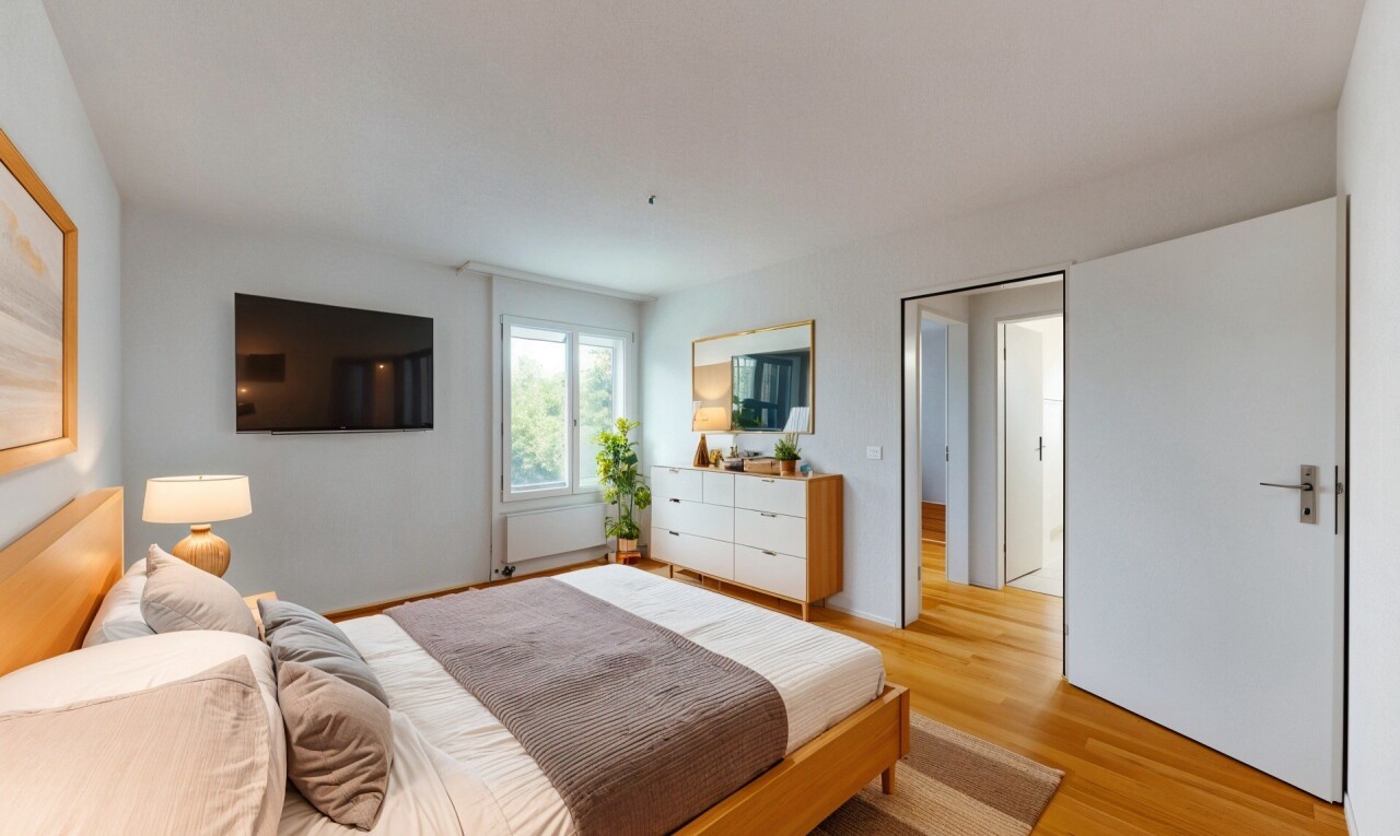 zimmer / schlafzimmer mit fernseher, inside property, natürliches licht, natural light, und holzfußboden