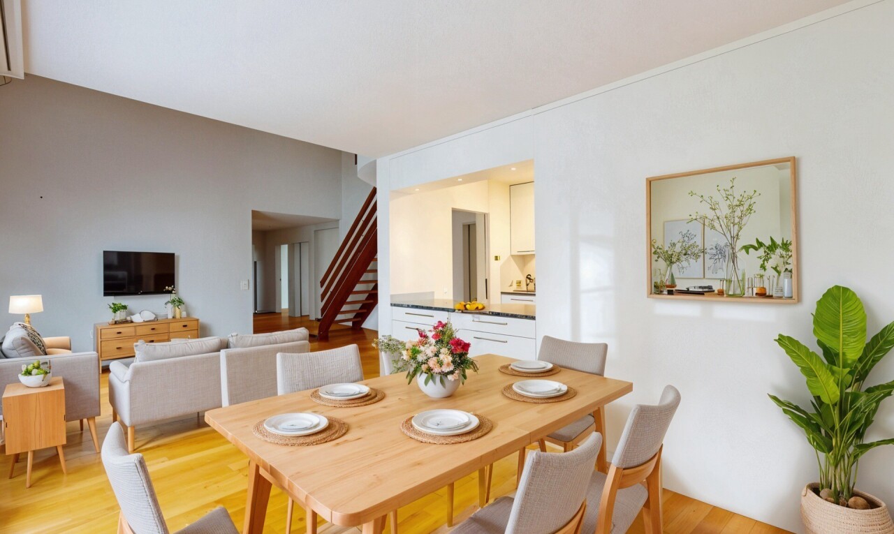 wohn- / esszimmer mit fernseher, treppen, holzfußboden, wood finish floor, und inside property