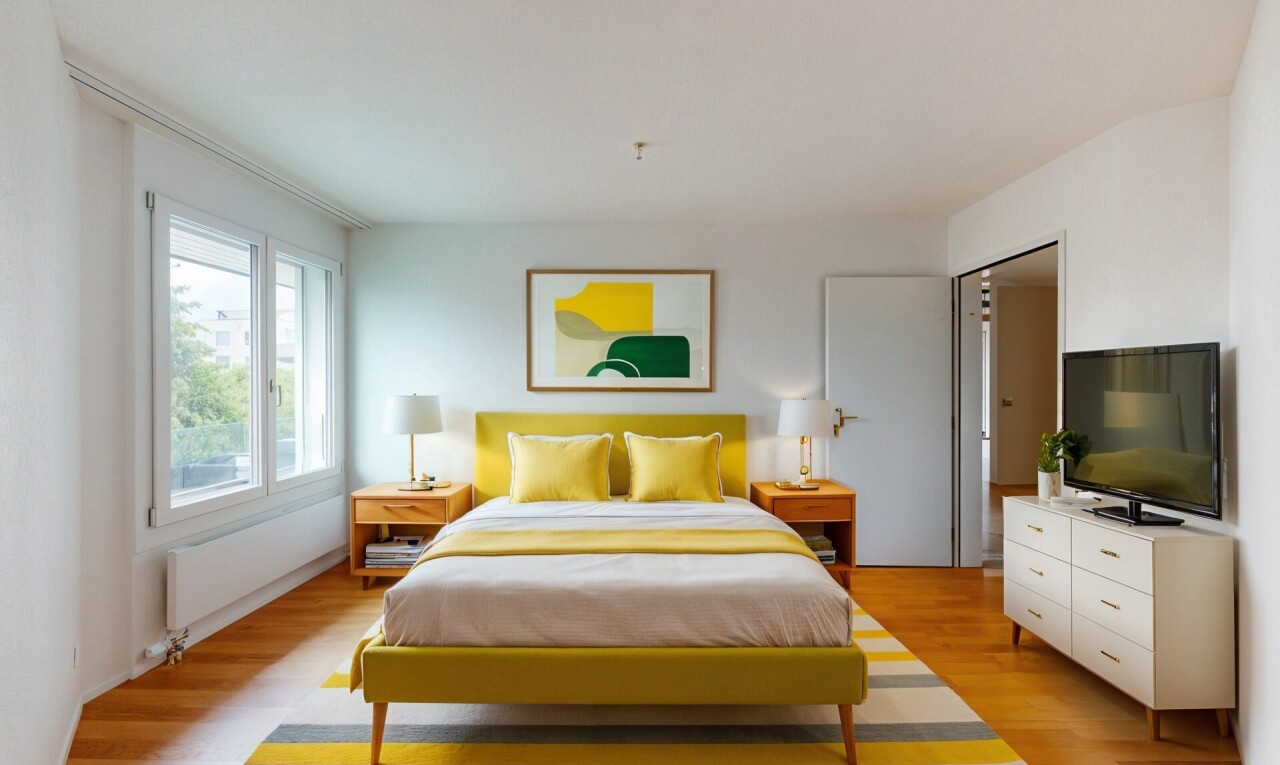 zimmer / schlafzimmer mit fernseher, inside property, kühler, natürliches licht, und natural light