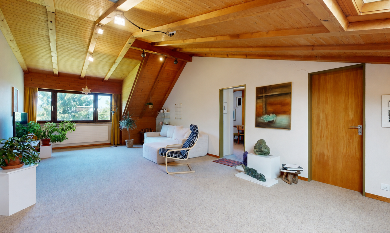 wohnzimmer mit inside property, teppich, carpet, holzdecke, und wood ceiling