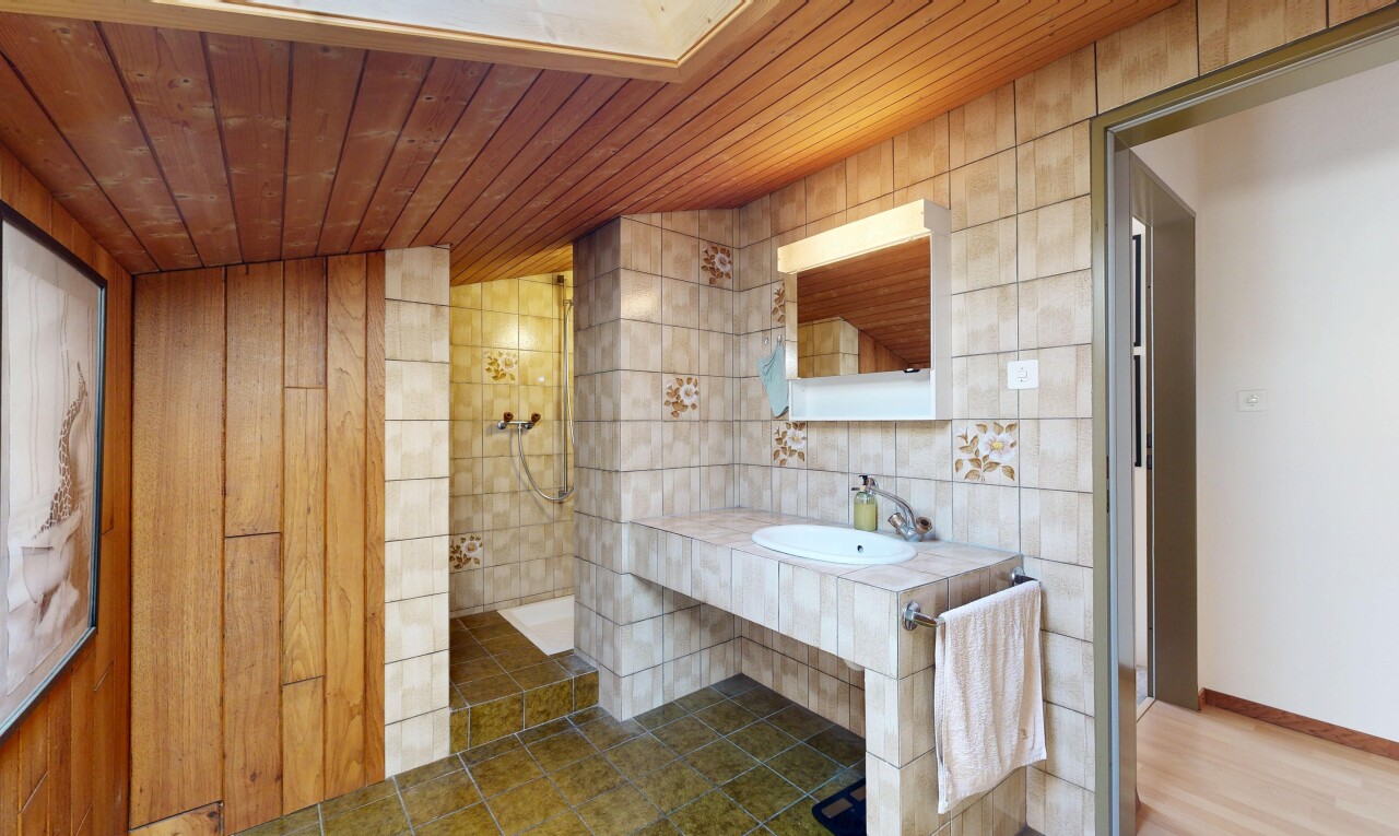 bad mit spiegel, dusche, komplettes badezimmer, holzdecke, und wood ceiling