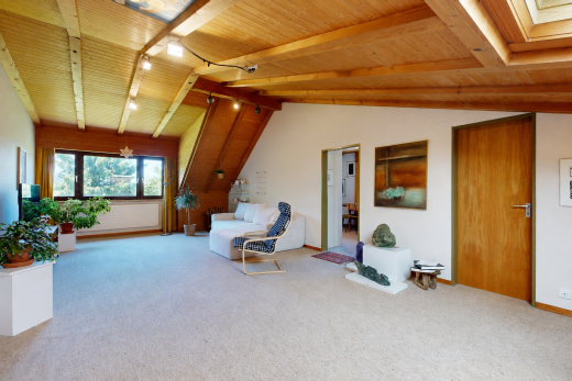 wohnzimmer mit inside property, teppich, carpet, holzdecke, und wood ceiling
