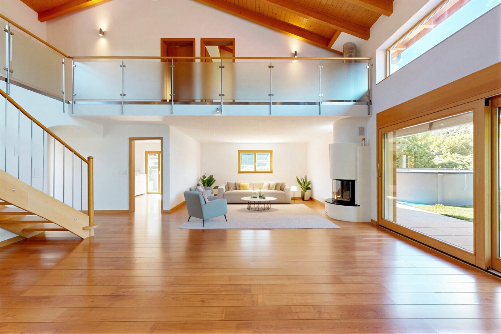 living room featuring light wood-style flooring and a high wooden beamed ceiling