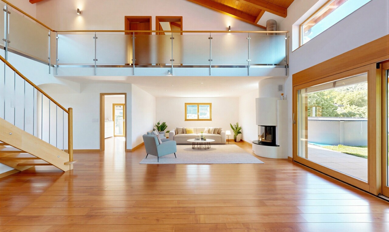 living room featuring light wood-style flooring and a high wooden beamed ceiling