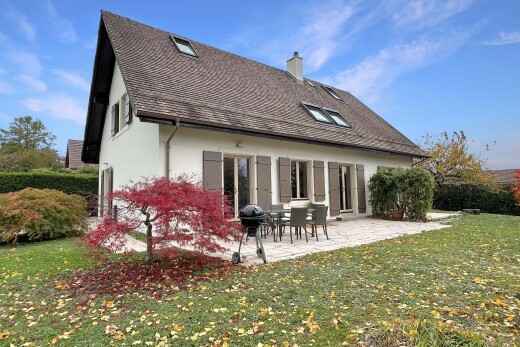 façade avec cheminée, pelouse, day time, property visible, et terrasse