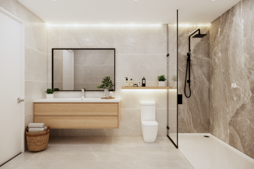 salle de bains avec mur en carrelage, tile wall, salle de bain complète, douche, et miroir