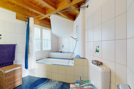 bad mit toilette, balkendecke, fliesenwand, und natürliches licht