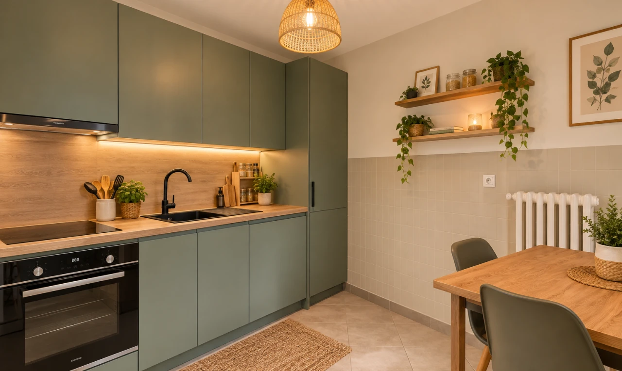 cuisine avec radiateur, light countertops, plans de travail, medium brown cabinets, et armoires marron moyen
