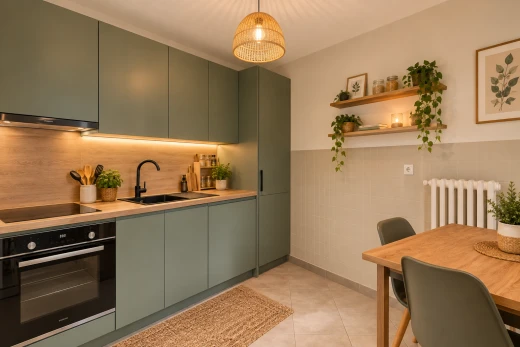 cuisine avec radiateur, light countertops, plans de travail, medium brown cabinets, et armoires marron moyen