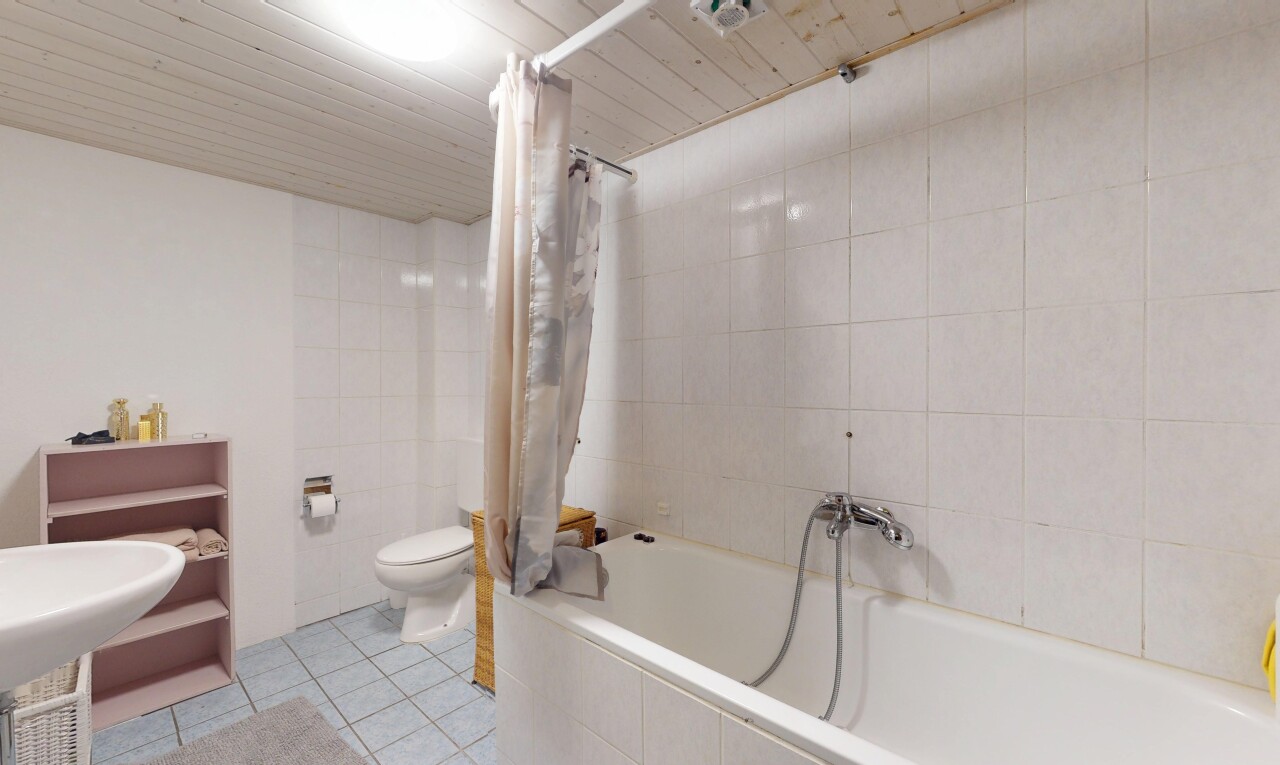 salle de bains avec mur carrelé, bain-douche, carrelage, et toilettes