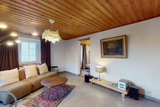 wohnzimmer mit betonboden, holzdecke, und natürliches licht