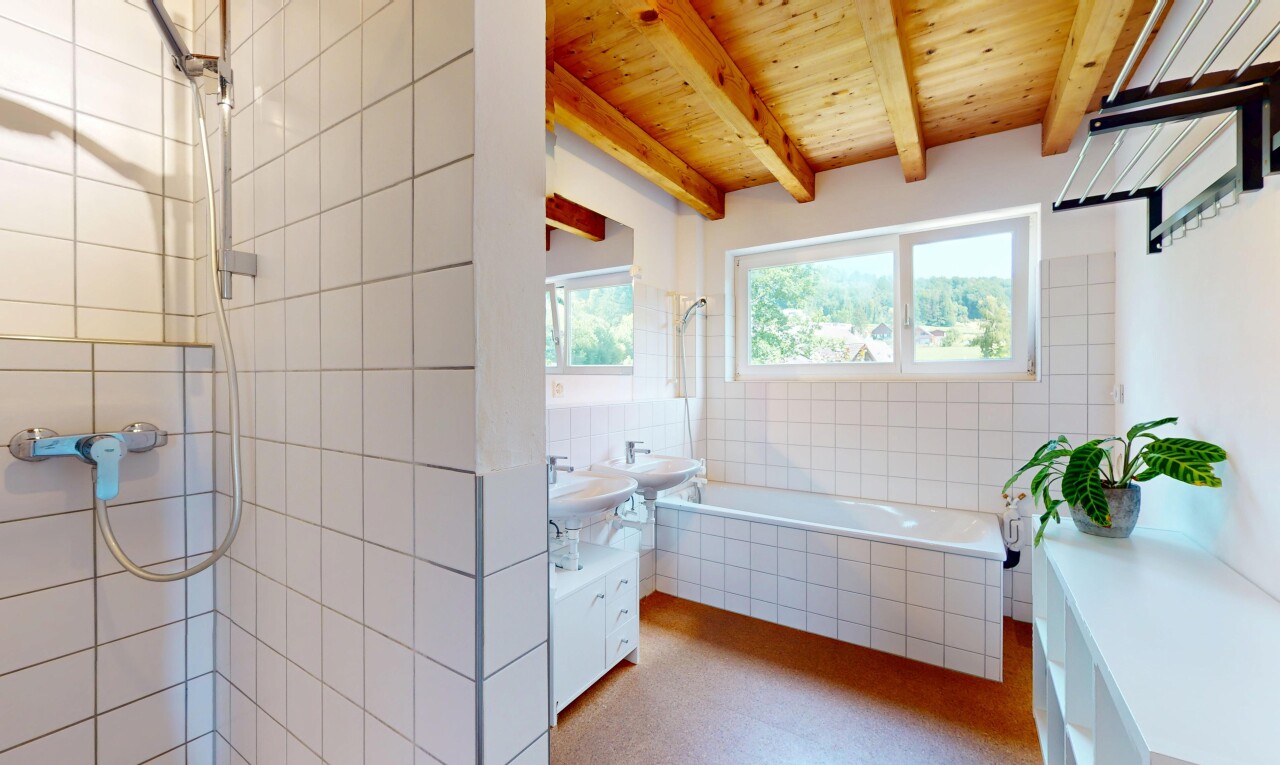 bad mit tile tub, komplettes badezimmer, holzdecke, wood ceiling, und inside property